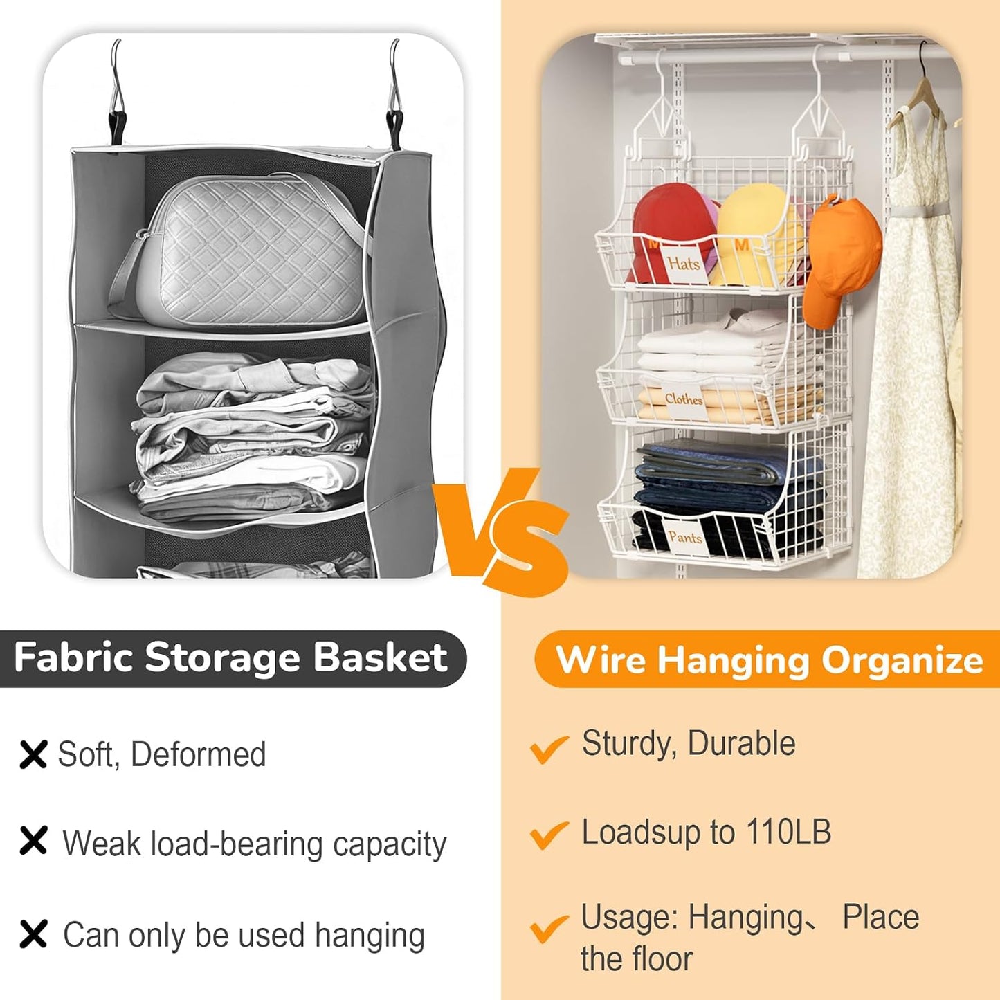 Hanging Closet Organizers and Storage, 3 Tier Closet Shelf Clothes Organizer with 2 S-Hooks, Multi-Functional Iron Wire Baskets, for Clothing, Sweaters, Handbags, Hat, Canned