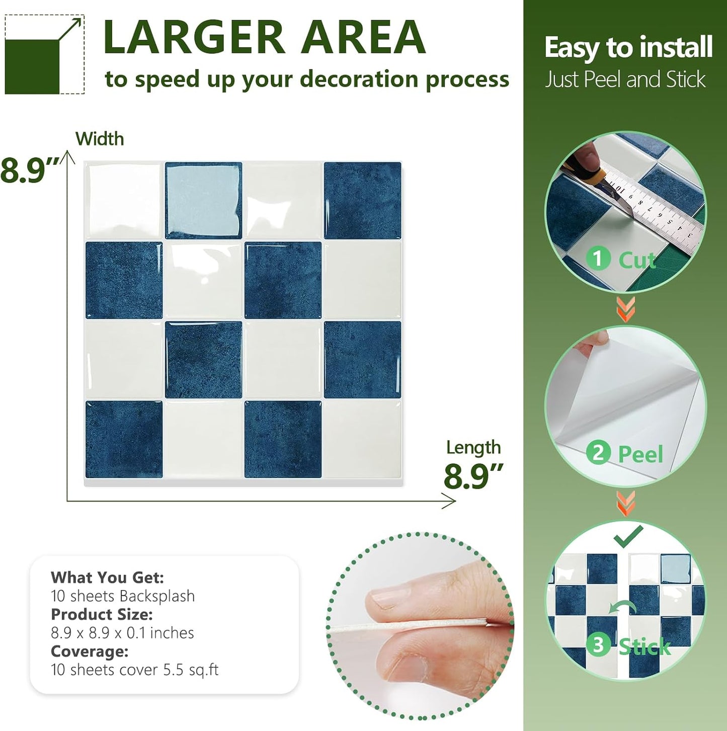 STICKGOO 10 Sheets Peel and Stick Backsplash - 9" x 9" 4D Adhesive Peel and Stick Tile Backsplash for Kitchen&Bathroom