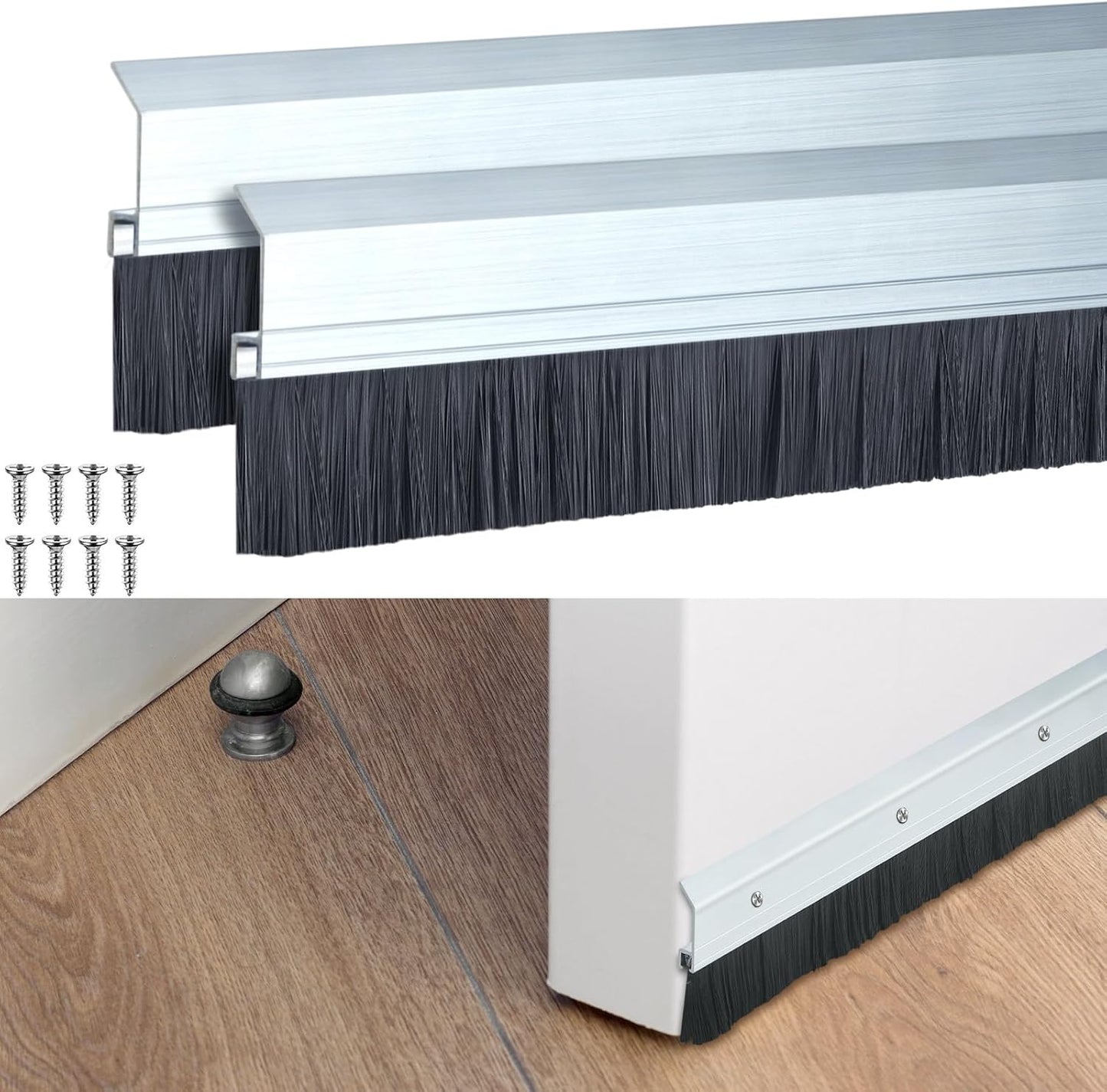 Hushee 2 Pcs 36 Inches Brush Door Sweep for Exterior, Aluminum Commercial Door Sweep Bottom All-Season Alloy Brush for Exterior and Interior Sealing Gaps Keeps Cold Air, Dust Out (White)