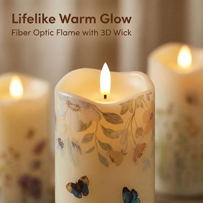 Eywamage Fiber Optic Flameless Pillar Candles with Remote, Floral Butterfly Spring LED Candles Flickering Home Decor Gift Set of 3