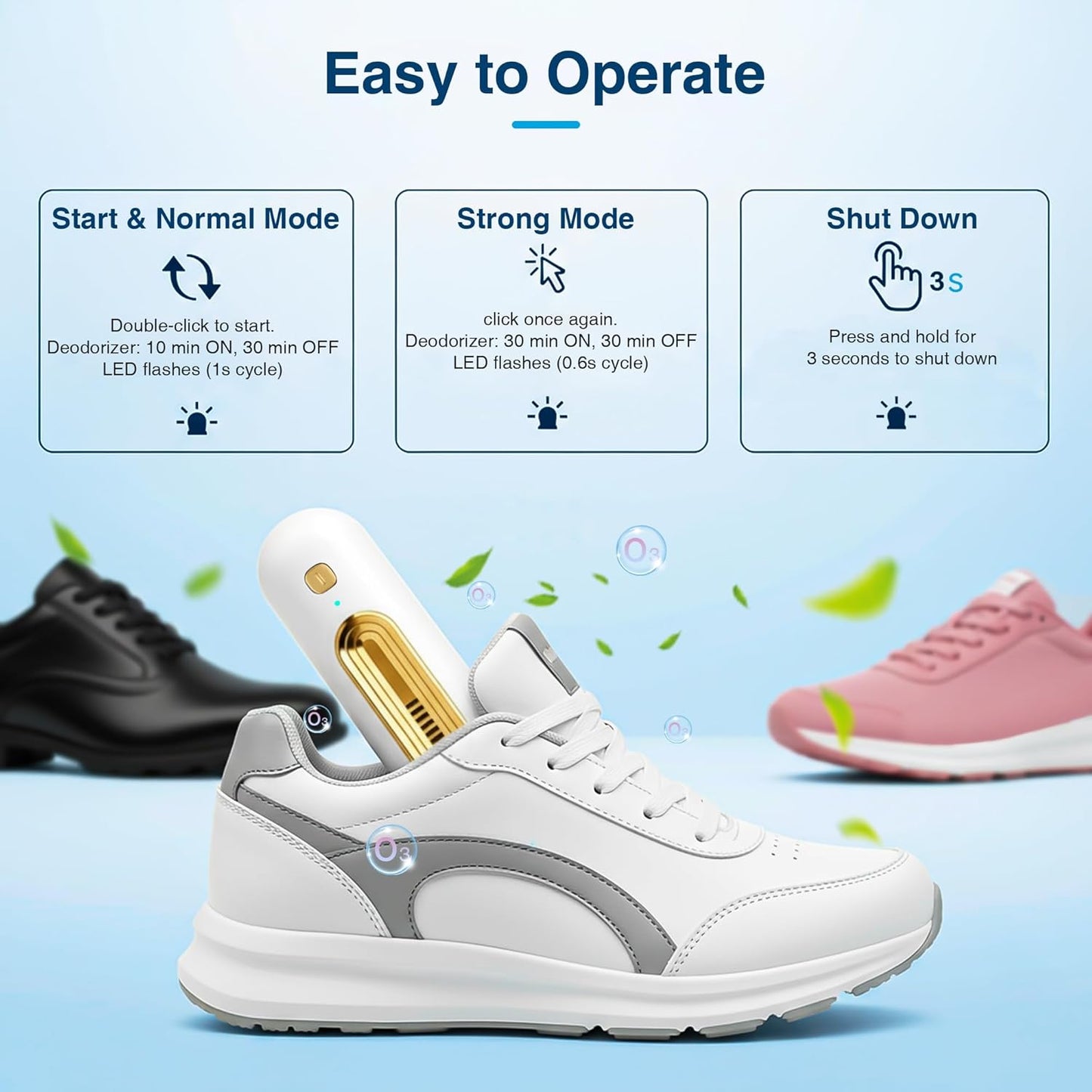 Qualirey Chemical-Free Shoe Deodorizer for Sneaker, Boot, Rechargeable Ozone Technology Shoe Odor Elimination(2 Pack,Gold)