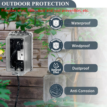 Locking Weatherproof Outlet Cover, Clear in-Use Box | Outdoor plug lock box, child-resistant outlet protection, fits plugs up to 2.6" H x 2.5" W