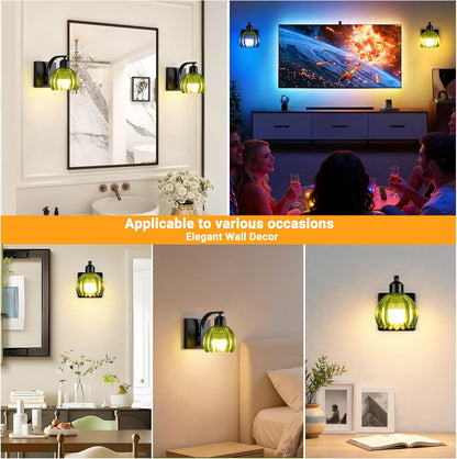 Rechargeable Battery Operated Wall Sconce Set of 2, Wireless Battery Powered Gold Wall Lamps with Green Tulip Glass, Vintage Dimmable Wall Lights with Remote Control for Bedroom Living Room