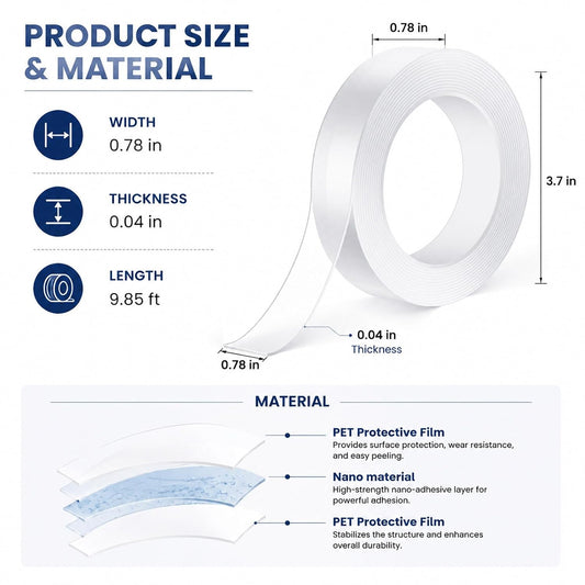 YANXI Double Sided Tape Heavy Duty, Nano Reusable, Removable, Washable Double Stick Tape for Wall