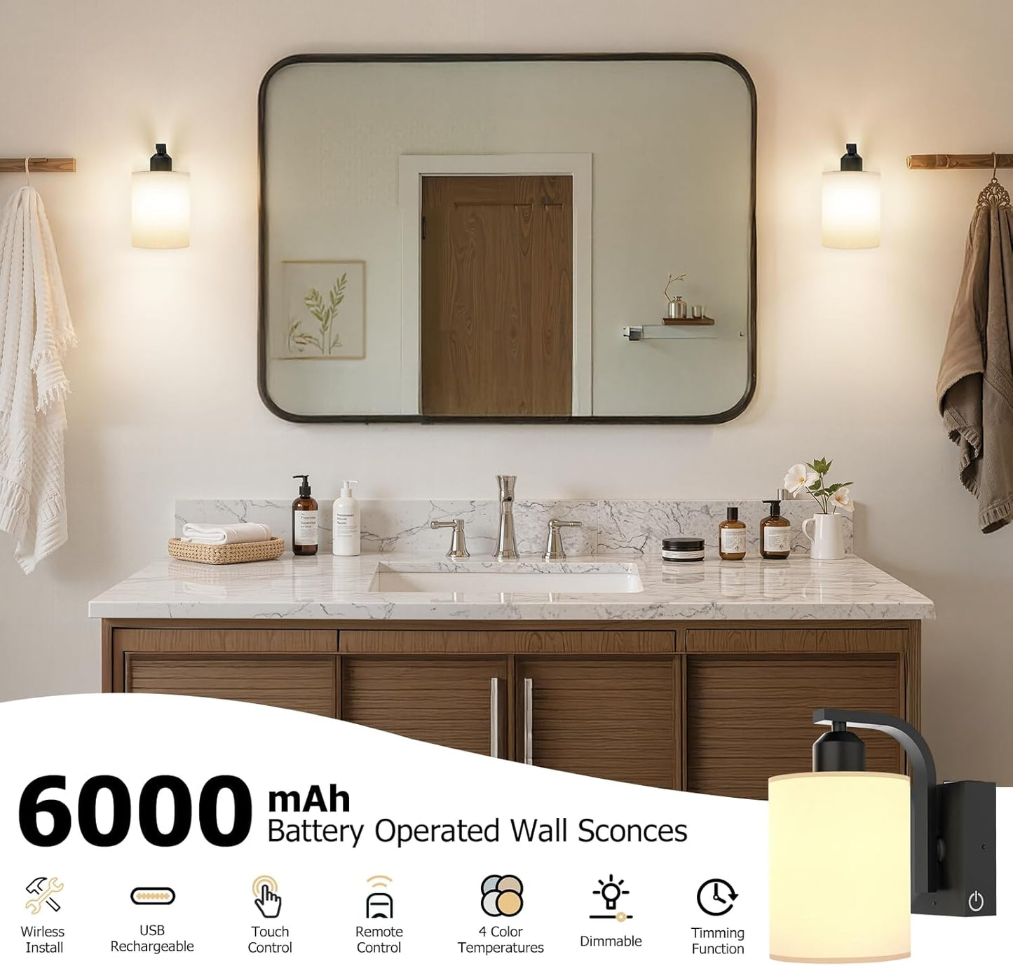iThird Wall Sconce Battery Operated Set of 2, 6000mAh Rechargeable Wall Lights with Touch Control and Remote Control, Wireless Wall Lamps for Bedroom, Black Sconces Wall Decor for Living Room Hallway