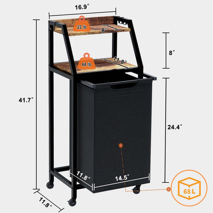 Timberer Laundry Hamper, Laundry Sorter 3 Section, Rolling Laundry Basket with Wheels, 2 Shelves, 3 × 14.5 Gal, Pull-Out and Removable Oxford Fabric Bags, for Laundry Room, Black and Rustic Brown