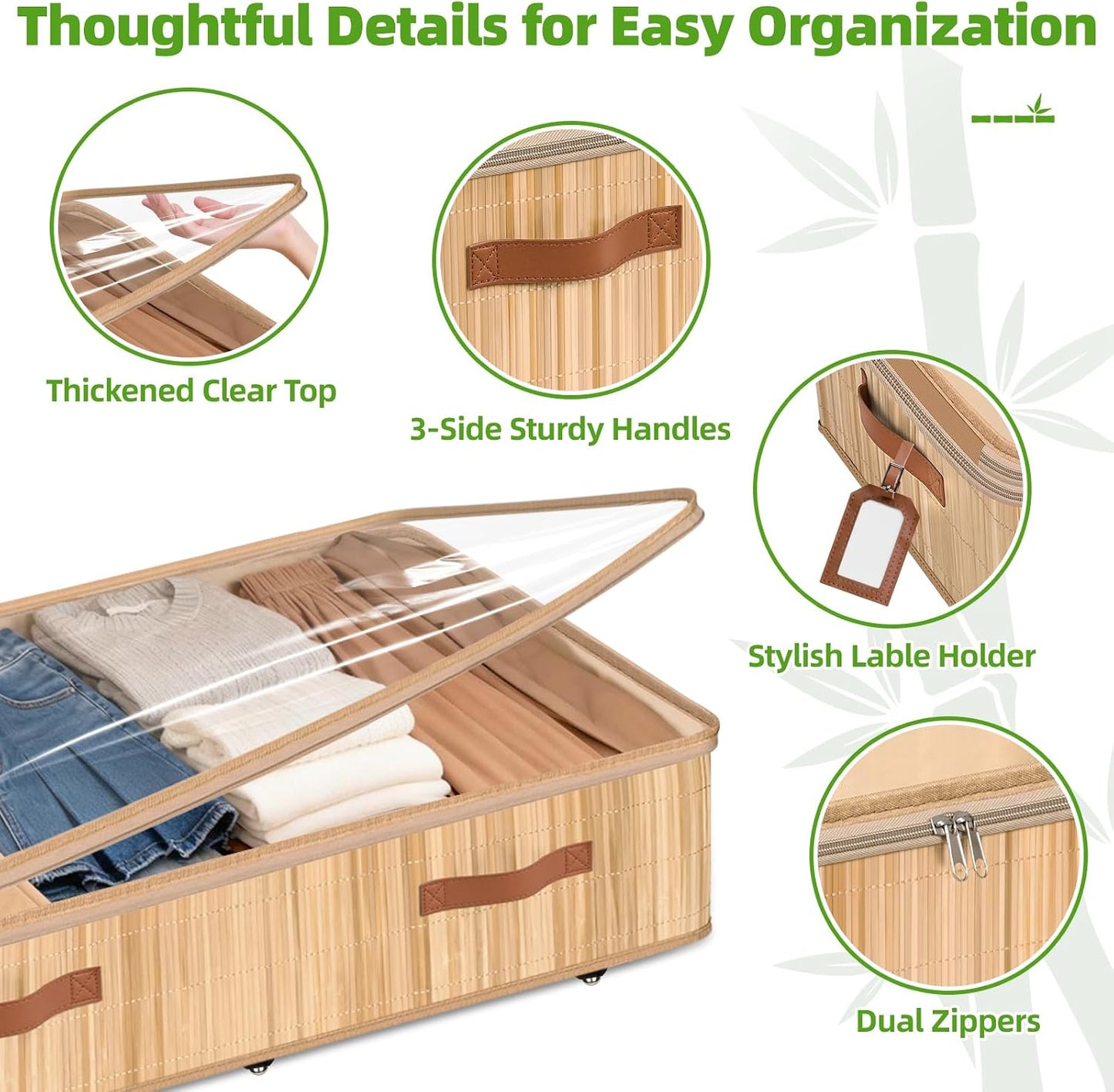 Livole 2 Pack Bamboo Under Bed Storage Containers with Wheels | Breathable Bamboo, Invisible Wheels, 6 inches Height, 56L Large Capacity, Easy Setup, Handles, Clear Lid