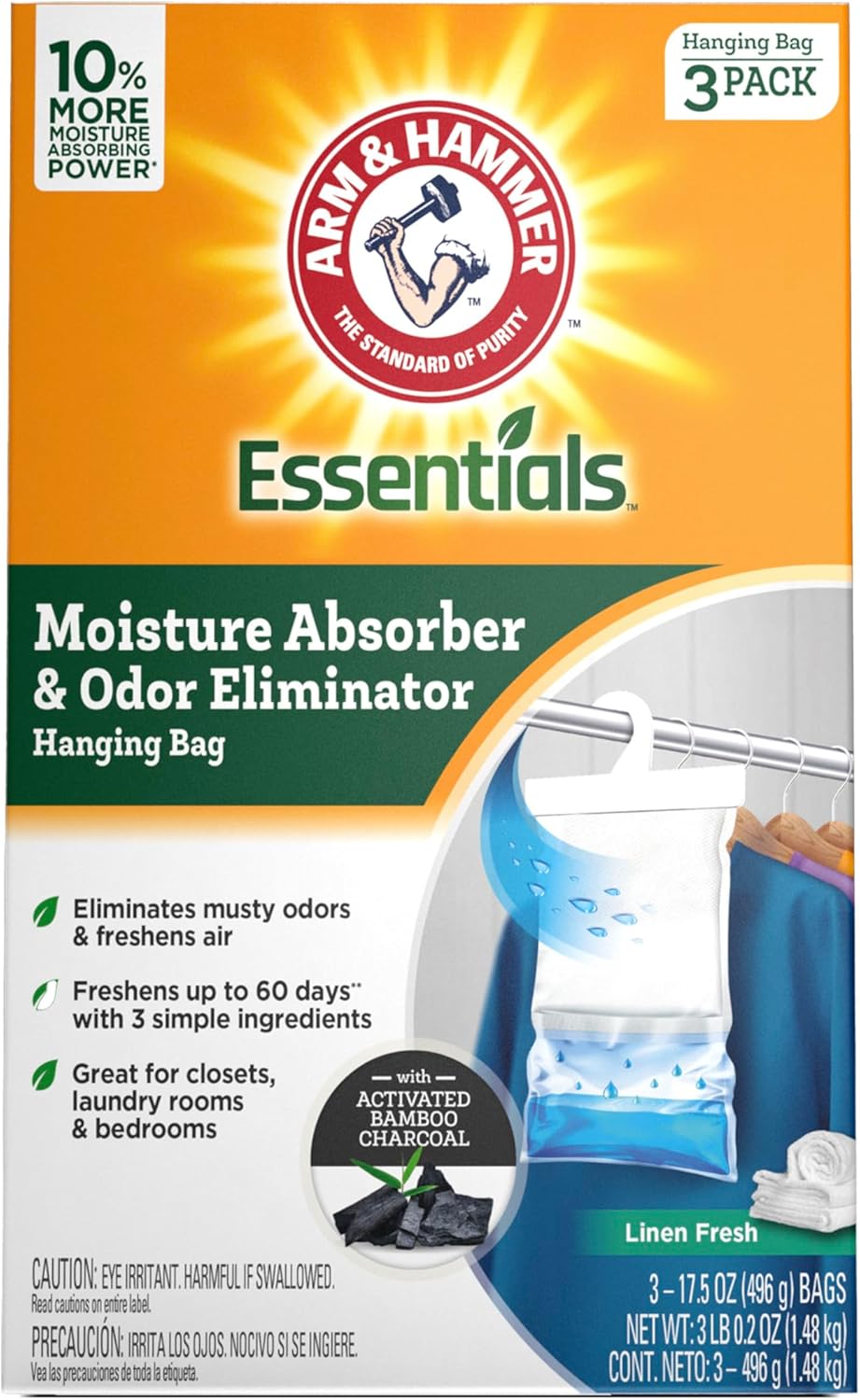 Arm & Hammer Essentials Hanging Moisture Absorber and Odor Eliminator, 17.5 oz., 3 Pack, Fragrance Free, Moisture Absorbers for Closets, Laundry Rooms and Bedrooms, Long-Lasting Freshness