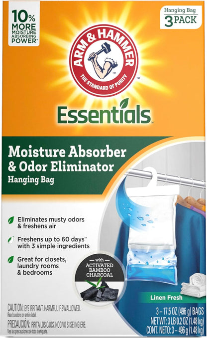 Arm & Hammer Essentials Hanging Moisture Absorber and Odor Eliminator, 17.5 oz., 3 Pack, Fragrance Free, Moisture Absorbers for Closets, Laundry Rooms and Bedrooms, Long-Lasting Freshness