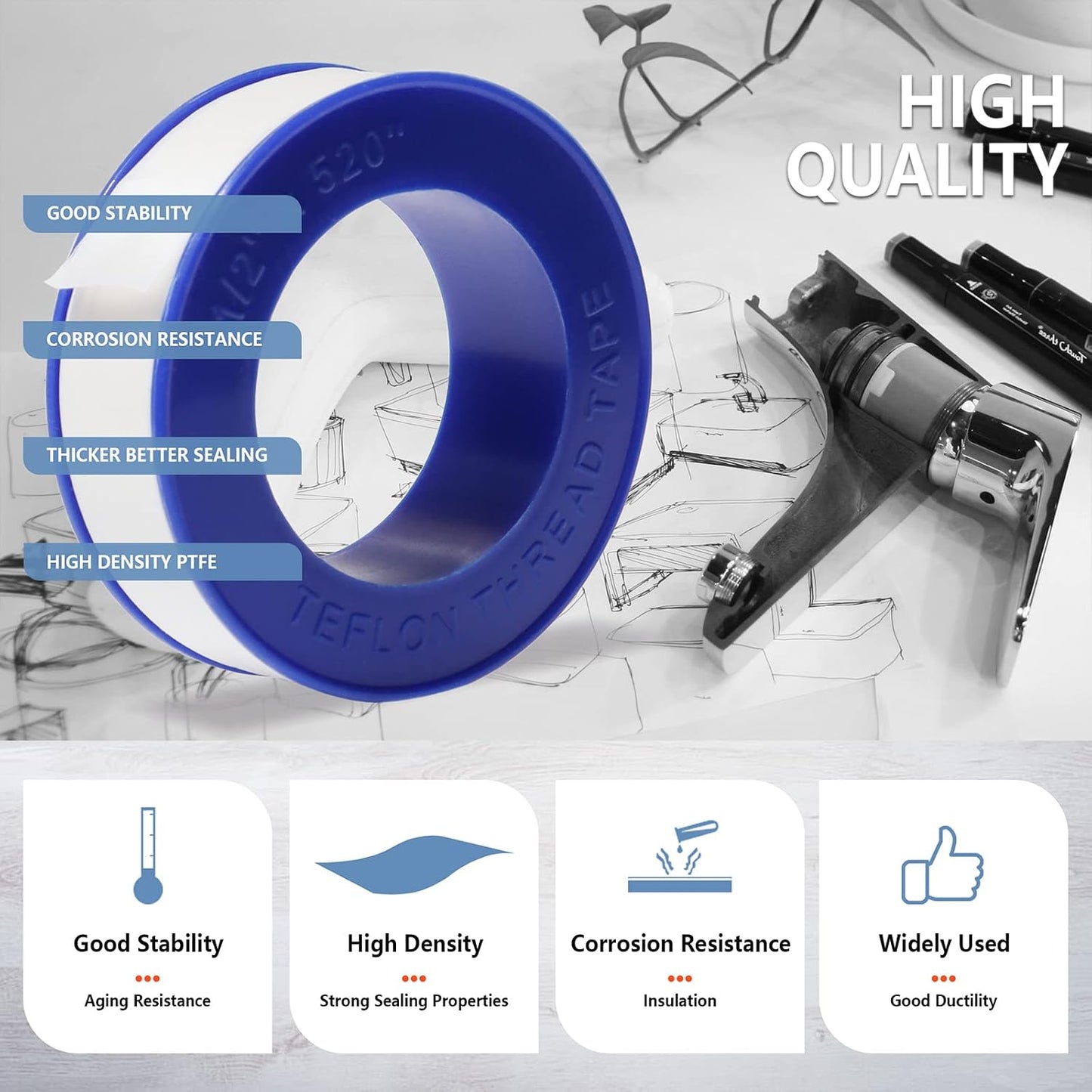 Teflon Tape,PTFE Plumbers Tape,for Sealing,Plumbing,Sealant,Thread Seal for Shower Head,Water Pipe,Prevent Leakage,(1 Roll,1/2 Inch X 520 Inches).