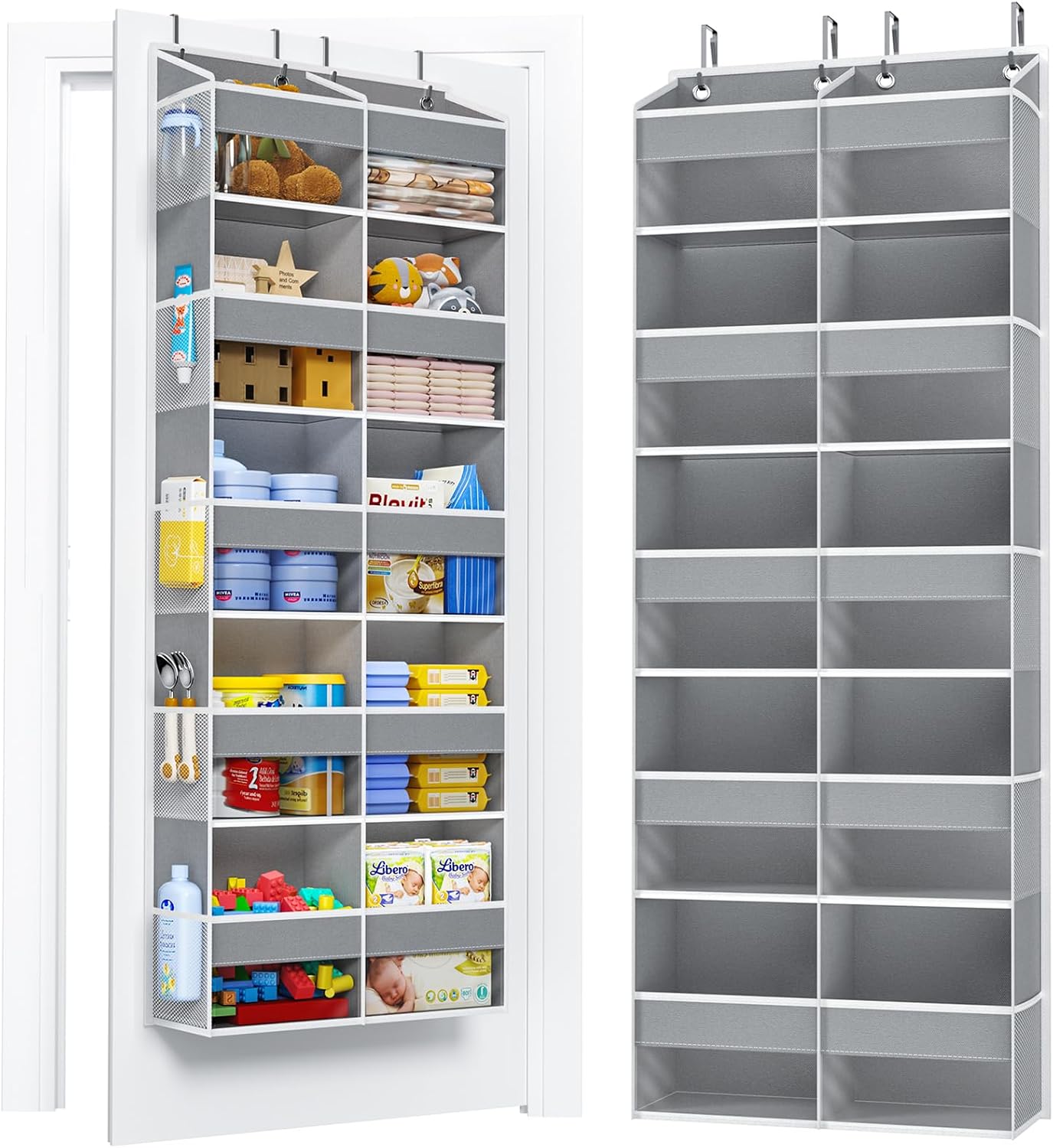 PureSpace 5-Tier Over the Door Organizer, 10 Side Mesh Pockets & Clear Windows, 80LBS Heavy Duty Hanging Storage for Baby Diapers, Shoes, Toys – Ideal for Nursery, Bathroom, Bedroom, Pantry (Grey)