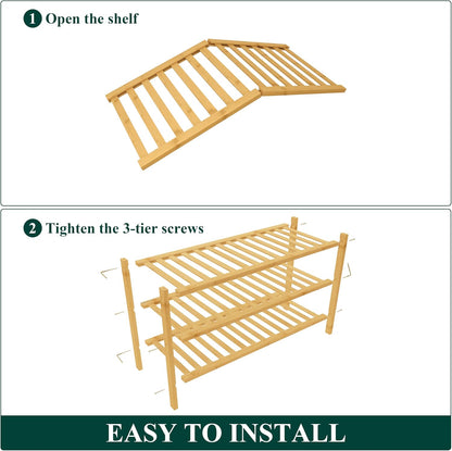 Smiry Bamboo Shoe Rack for Closet, 3 Tier Wooden Shoe Organizer, Stackable Wood Shoe Storage Shelf for Entryway, 14 Vertical Slats, One-piece Heavy-Duty Legs, 26.77"x11.02"x18.31", Natural