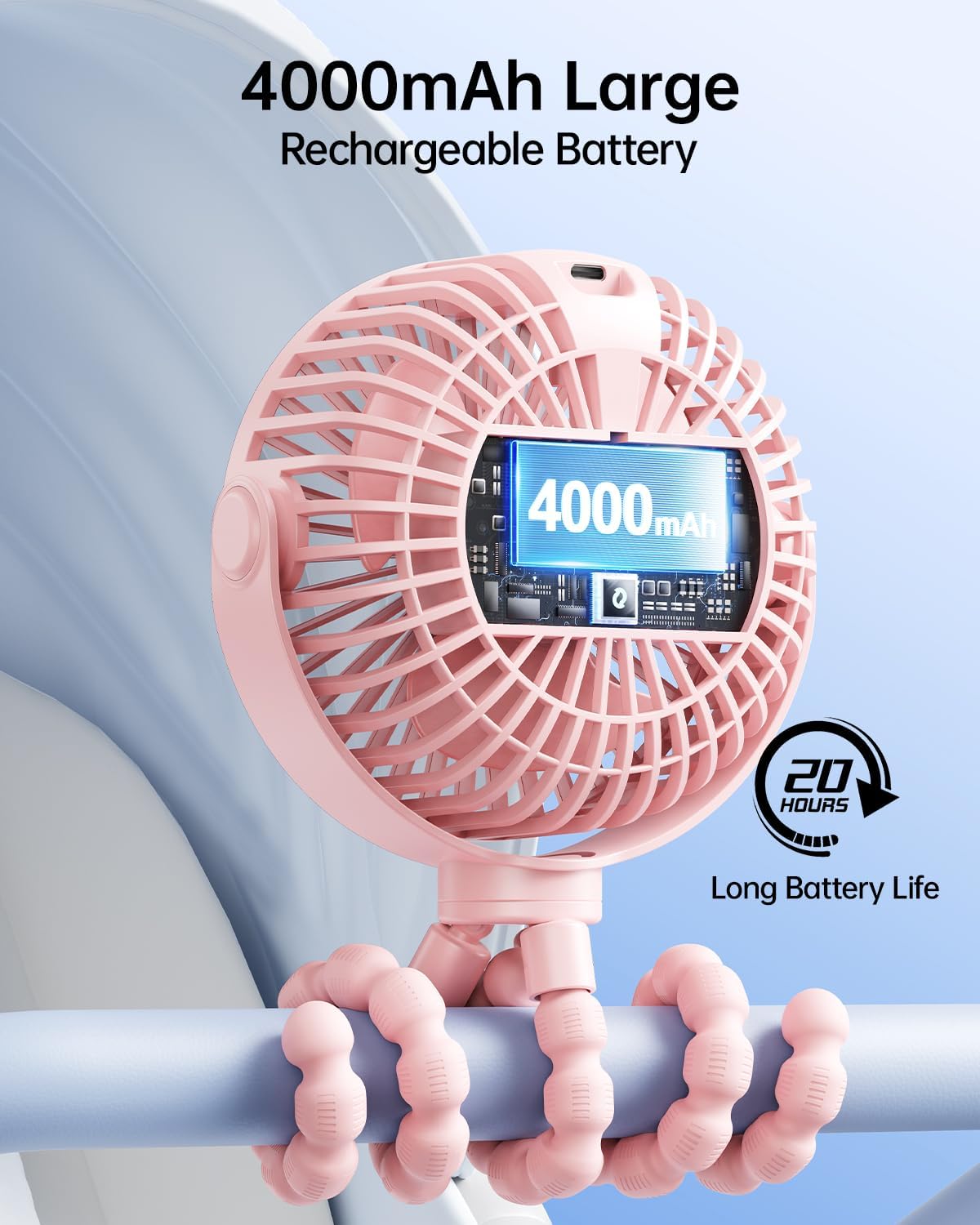 SWEETFULL [2026 Upgrade Portable Stroller Fan with LED Display, 4 Speed Rechargeable Mini Clip On Fan, 360° Rotate Flexible Tripod Better Cooling Small Baby Fan for Car Seat Crib Travel Treadmill