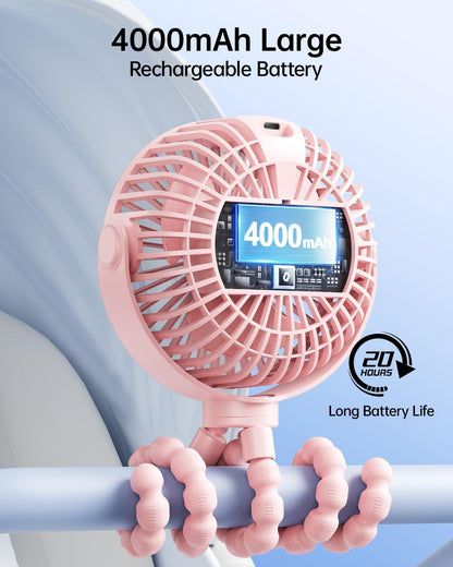 SWEETFULL [2026 Upgrade Portable Stroller Fan with LED Display, 4 Speed Rechargeable Mini Clip On Fan, 360° Rotate Flexible Tripod Better Cooling Small Baby Fan for Car Seat Crib Travel Treadmill