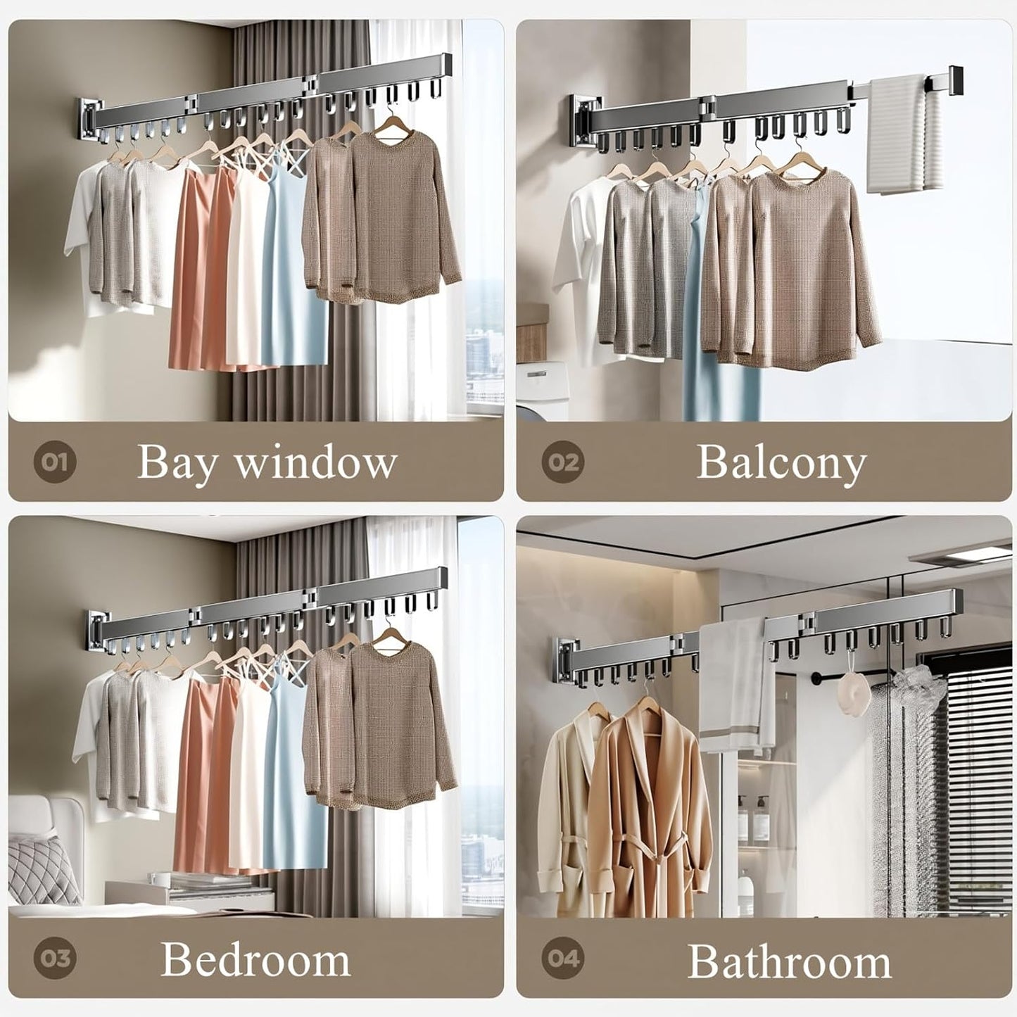 Wall Mounted Foldable Clothes Drying Rack with 18 Hooks, No-Drill, Black | Retractable with 18 Hooks, No-Drill/Drill Dual Installation, Space-Saving Aluminum, For Balcony, Bathroom, Indoor Outdoor