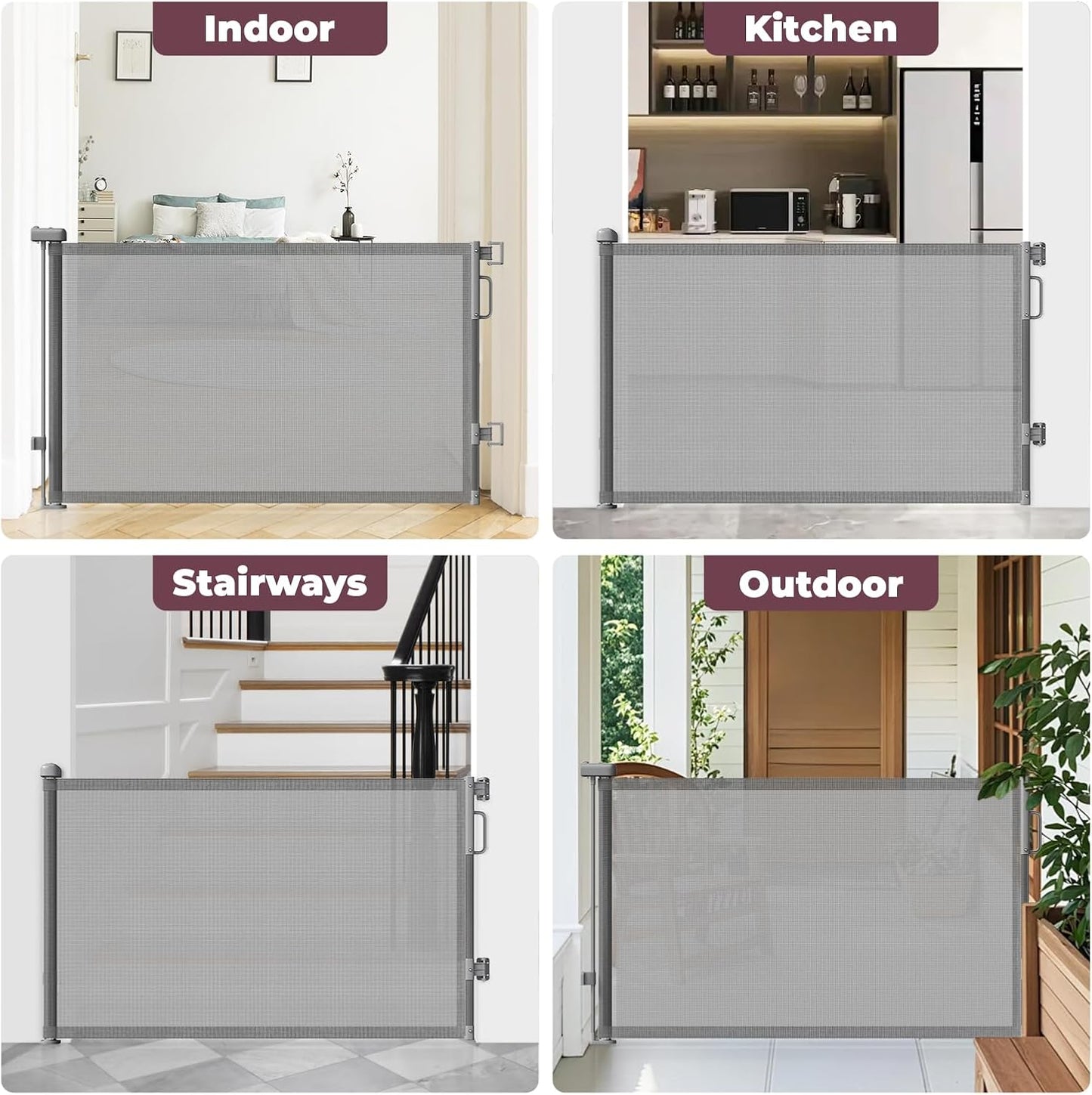 Retractable Baby Gate for Stairs & Doorways, Mesh Dog Gate Indoor Outdoor, Extends to 55" Wide 34" Tall Child Gate for Hallways, Deck, Porch, Pet Toddler Safety Essentials, Easy Install, Grey