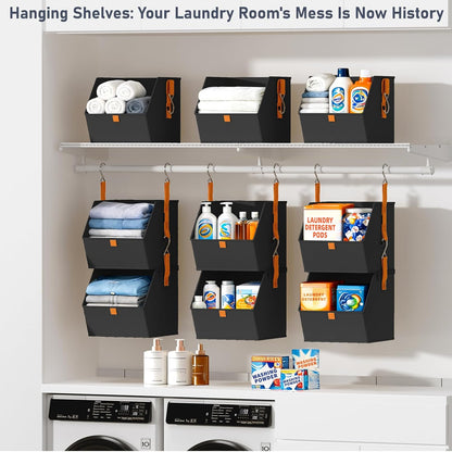 DIMJ Hanging Closet Organizer - 4 Tier Collapsible Hanging Shelves with Hooks Zipper, Fabric Clothes Organizer, Space-Saving Storage Bin Basket for RV, Bedroom, Laundry Organization