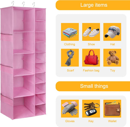 Libeder Shoe Organizer for Closet, 15 Shelf Hanging Closet Storage Shelves - 10 Shoe Rack Organizer and 5 Compartment for Clothes with 6 Side Mesh Pockets for Scarves Socks,Gloves, Grey