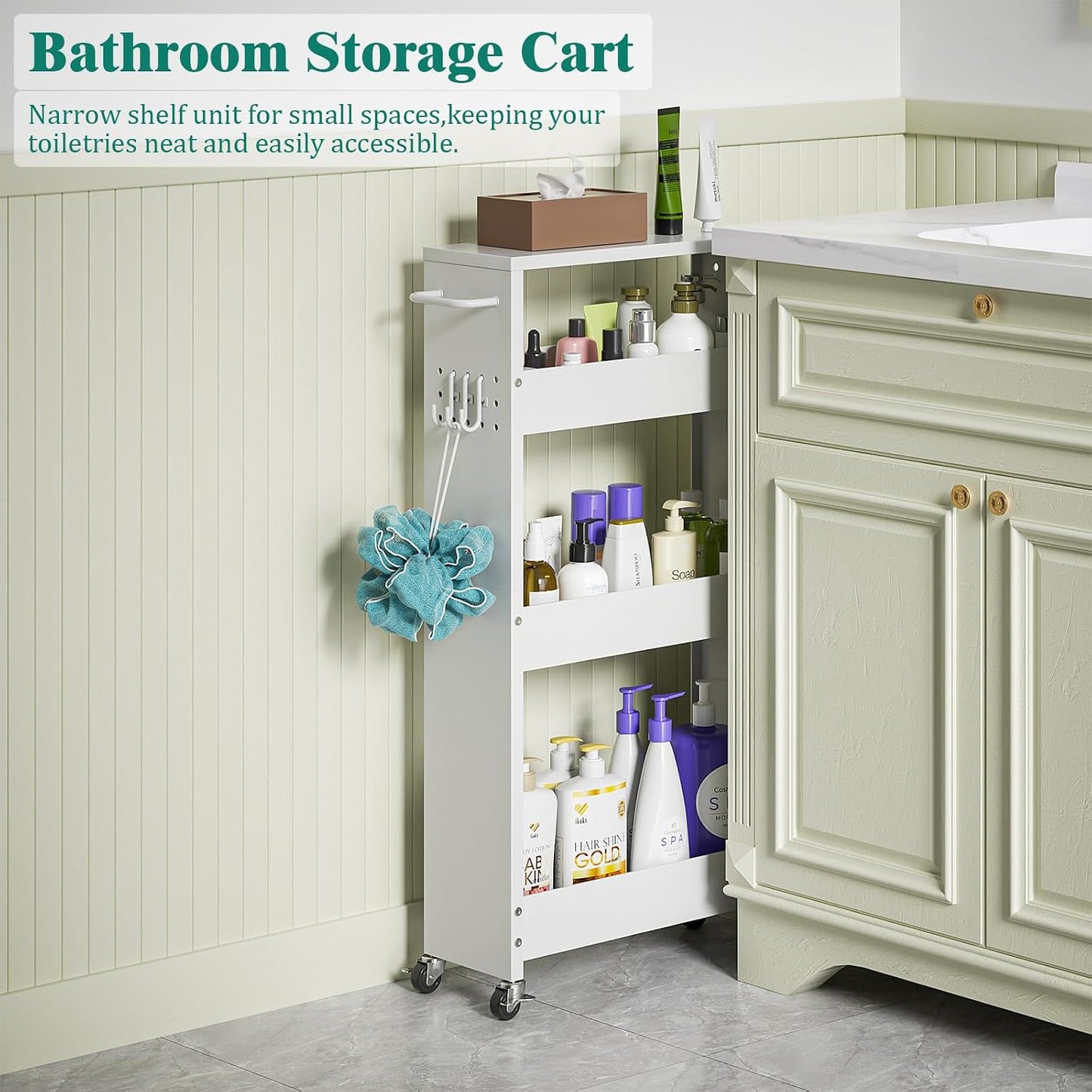 XYZLVSI Slim Storage Cart, Narrow Kitchen Rolling Cart for Small Spaces | 5.9" W skinny storage cart, 12.4" bottom metal utility cart with 360° swivel wheels for bathroom/laundry, slim shelf, white
