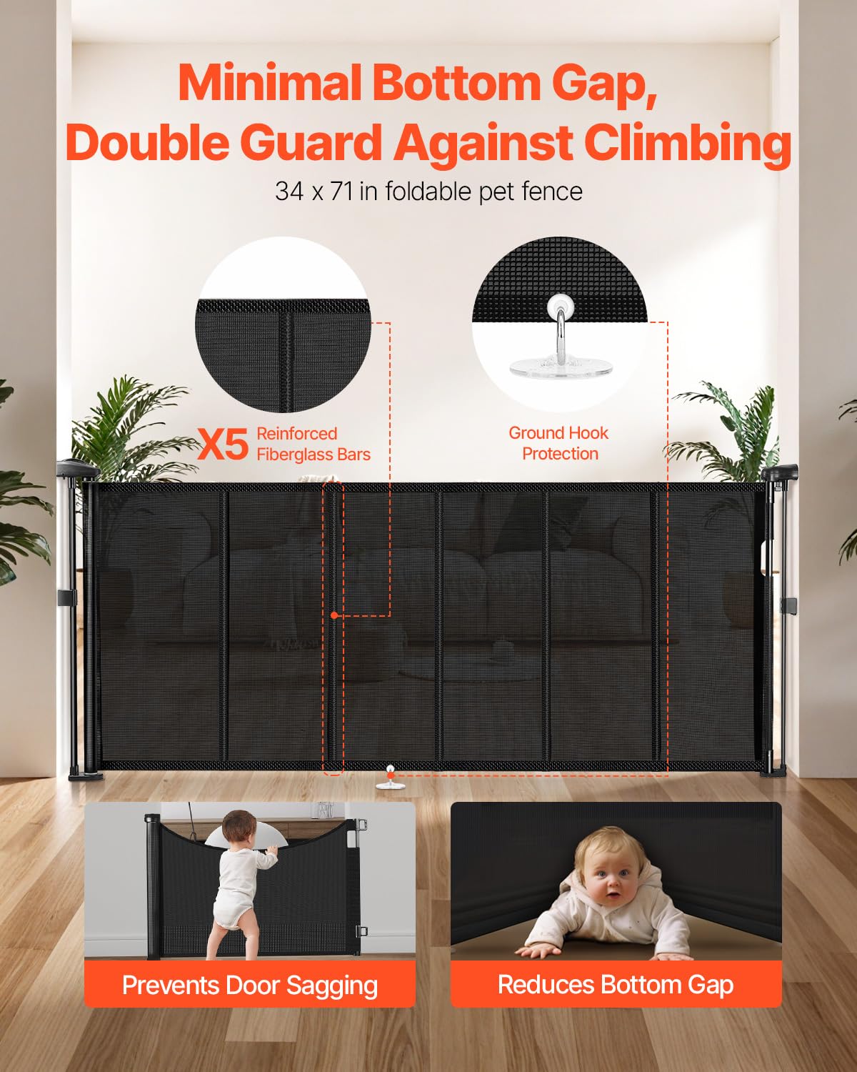 VEVOR Retractable Baby Gate, 34 inch Tall, Extends up to 71 inch Wide, Retractable Gate for Kids or Pets, Mesh Material, Easy to Install for Indoor Stairs, Doorways, Hallways, Playrooms, Black