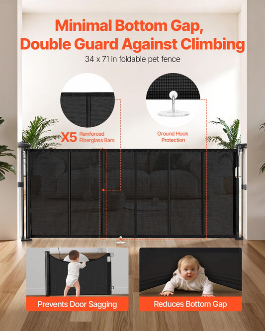 VEVOR Retractable Baby Gate, 34 inch Tall, Extends up to 71 inch Wide, Retractable Gate for Kids or Pets, Mesh Material, Easy to Install for Indoor Stairs, Doorways, Hallways, Playrooms, Black