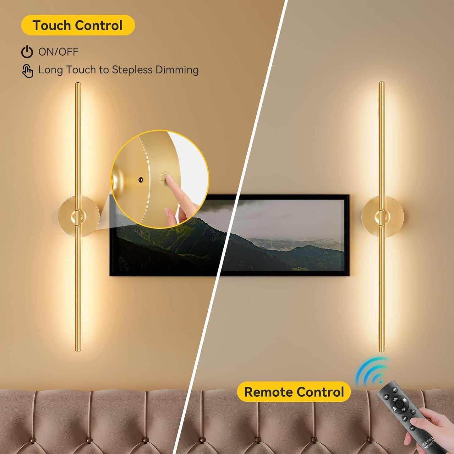 Ouyulong Battery Operated Wall Sconces Set of 2, 10000mAh Wireless Rechargeable 3000-6000K Dimmable 350° Rotate Wall Light with Remote for Living Room, Bedroom 31.6in Black