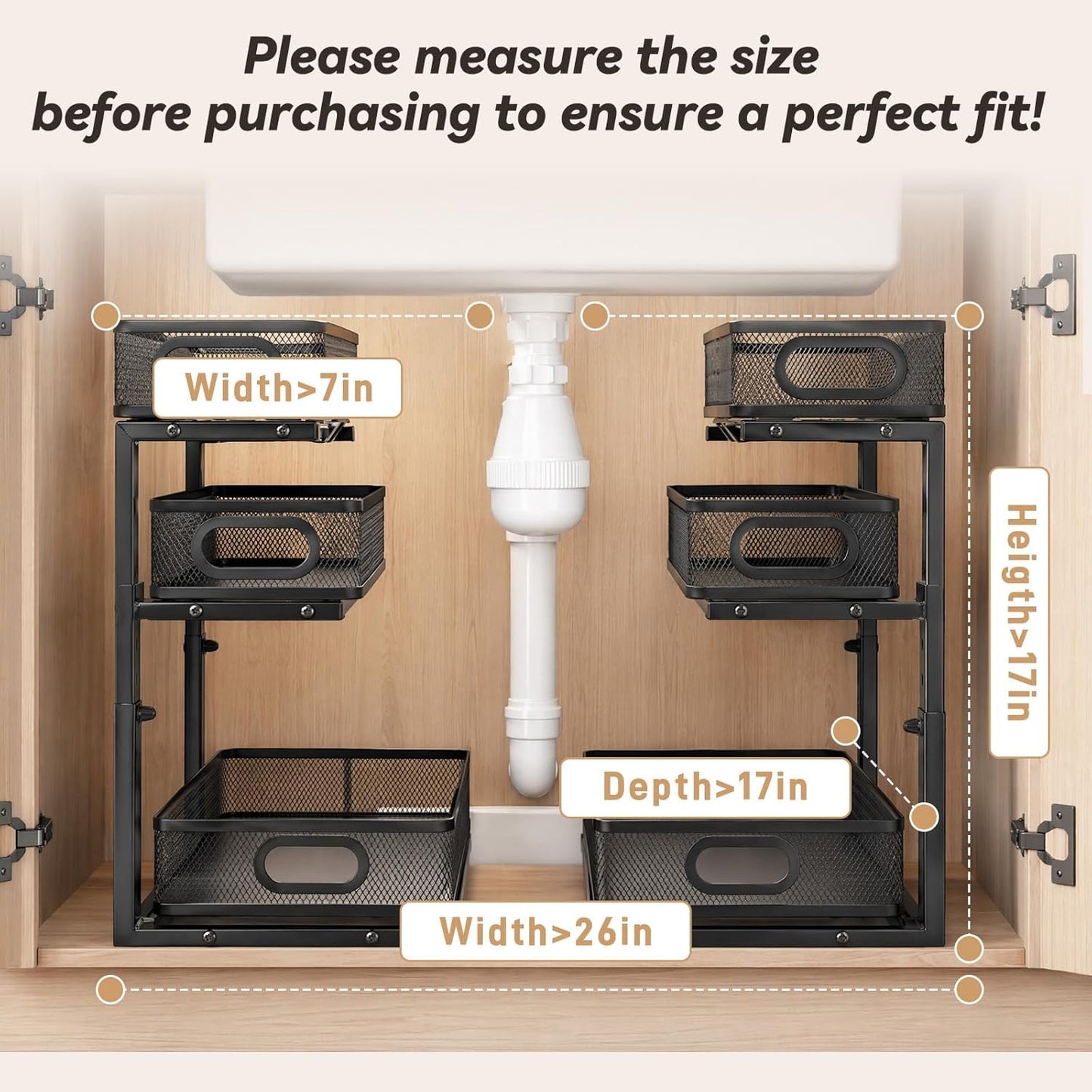 3-Tier Under Sink Organizer 2-Pack Thickened Metal Pull out Cabinet Shelf Height Adjustable Slide Out Drawer Storage Rack for Bathroom Kitchen Pantry Laundry Home Office Organization (Black)