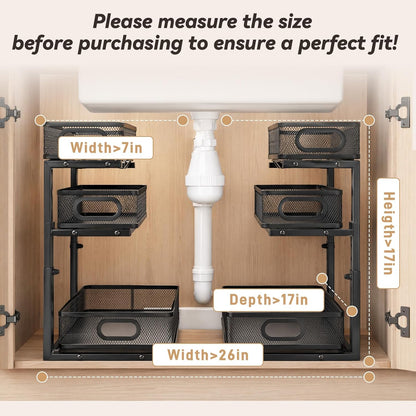 3-Tier Under Sink Organizer 2-Pack Thickened Metal Pull out Cabinet Shelf Height Adjustable Slide Out Drawer Storage Rack for Bathroom Kitchen Pantry Laundry Home Office Organization (Black)