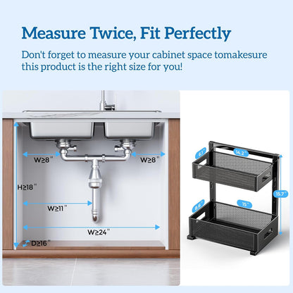 Petiza Under Sink Organizer Pull Out Cabinet Organizer Adjustable Height 2 Tier with Sliding Drawers Kitchen Bathroom Organizer and Storage(1pc)