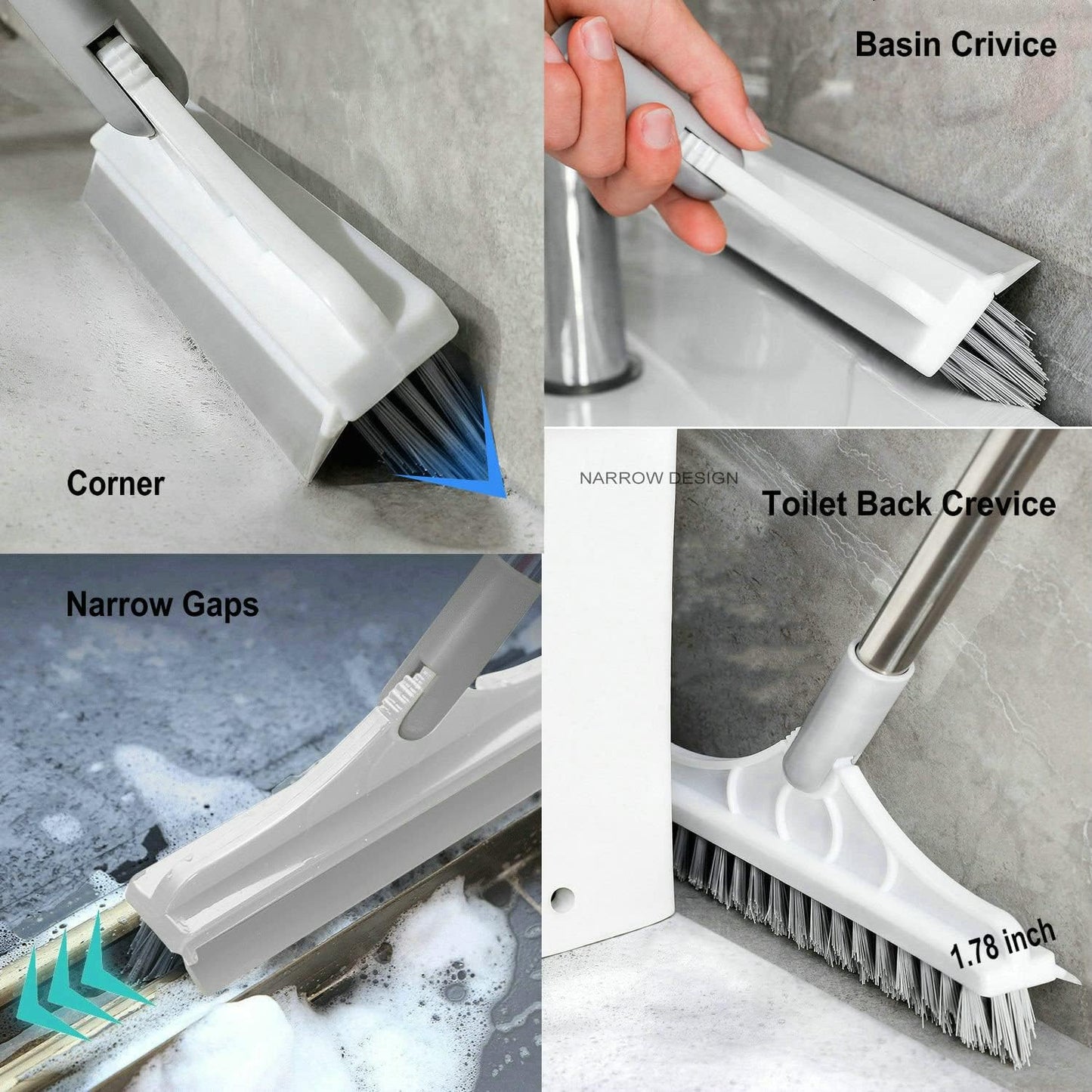 2 in 1 Cleaning Scrub Brush Grout Brush Scrape Floor Scrub Brush with Long Handle V-Shape Stiff Bristle Brush Scrubber with Squeegee 120°Rotating Shower Scruber for Cleaning Bathroom Glass Wall
