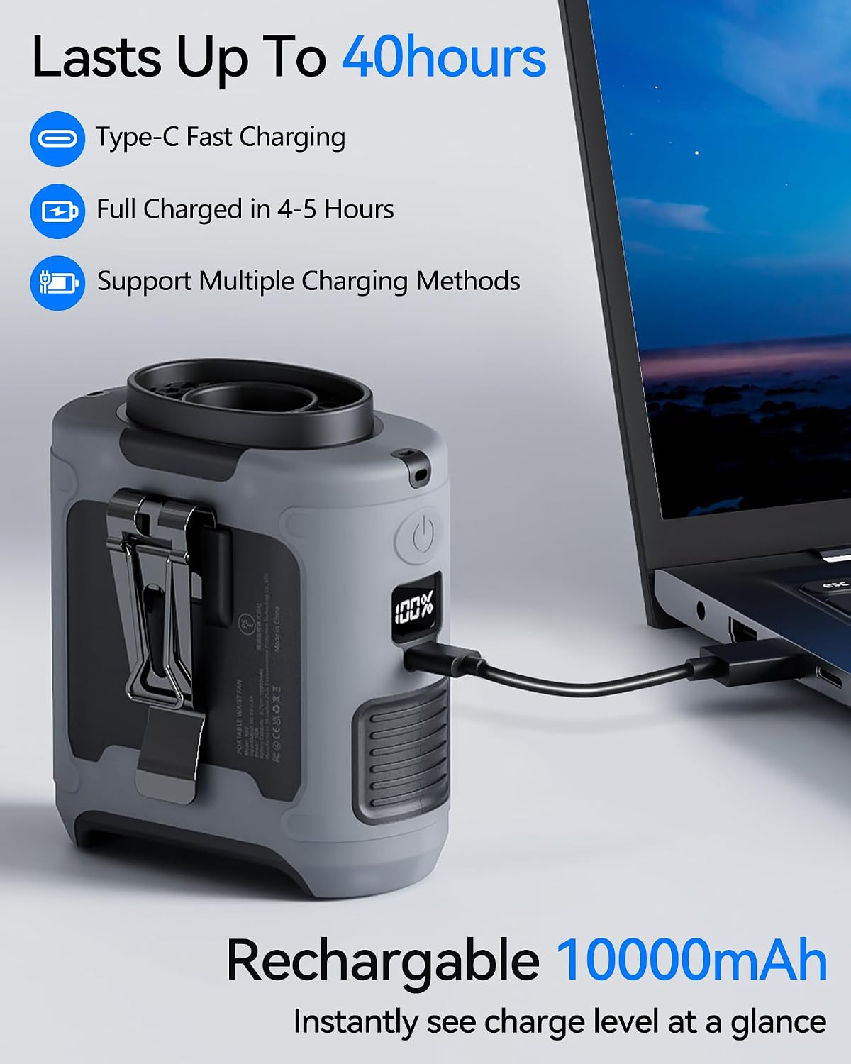 Portable Waist Fan 10000mAh Clip on Fan Belt Personal Fan with Rechargeable Battery operated, Flashlight & 5 Speeds Neck Hands-Free 40H Cooling for Summer/Outdoor/Camping/Travel（Grey）