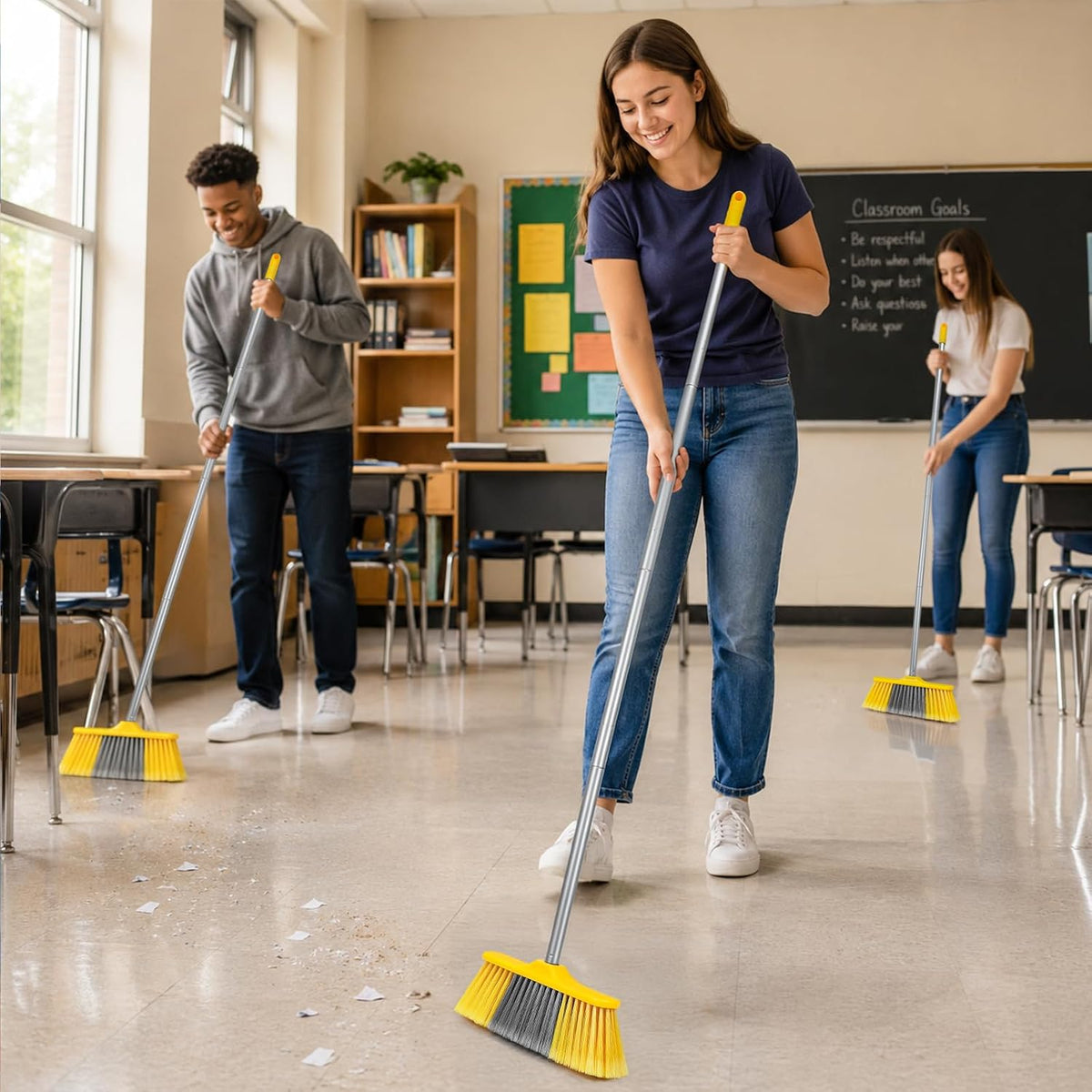 Indoor Broom for Floors 55” Soft Bristle Brooms for Sweeping Indoor/Outdoor to Clean Kitchen, Lobby, Office, Hardwood, Tile, Concrete, Patio, Deck-Yellow