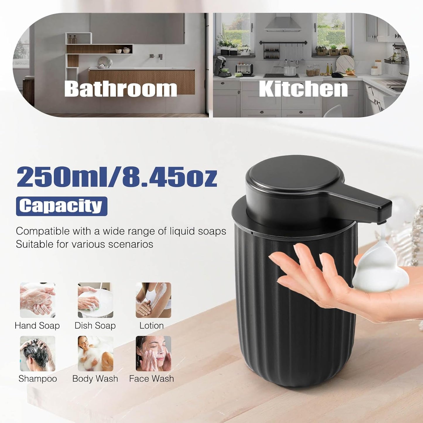 Automatic Soap Dispenser Foaming Touchless: 9oz Plastic Black - Rechargeable Electric Smart Auto Foam Soap Dispenser - Bathroom Kitchen Hand Dish Lotion