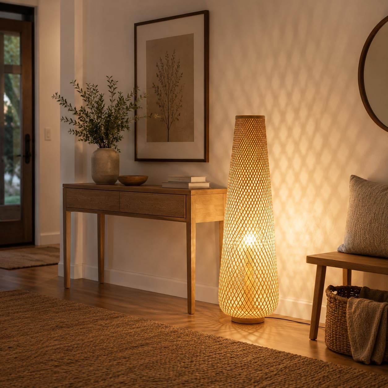MIXL-Farmhouse Style Bamboo Floor Lamp,Large Wicker Indoor Floor Light,Boho Standing Light Plug in,Modern Minimalist Standing Lamp for Living Room Bedroom