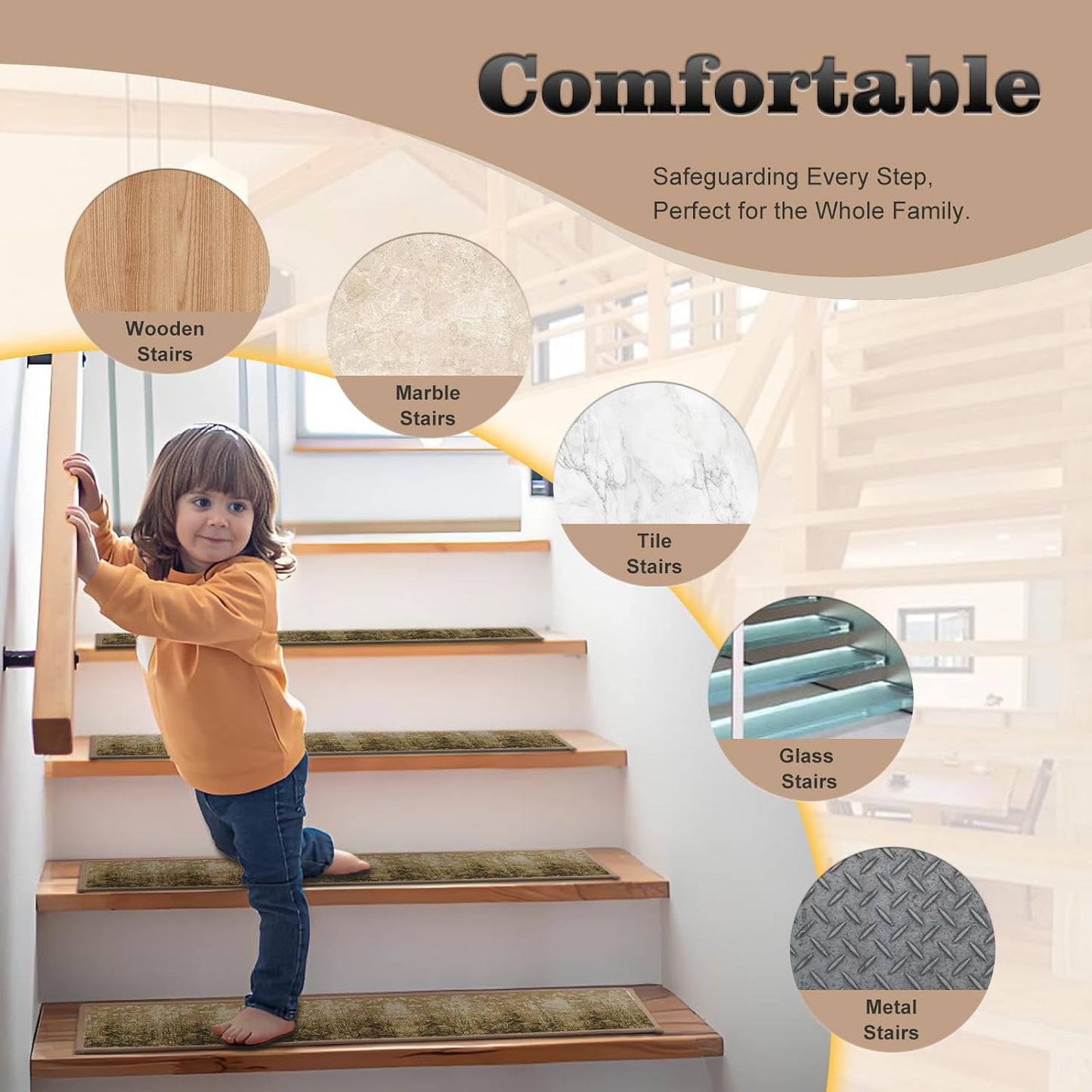 Non Slip Stair Treads for Wooden Steps, 15 Pack 8"x30" Washable Carpet | 8x30 in soft chenille polyester stair treads with reusable TPE backing for indoor wood stairs, dogs, kids, and seniors
