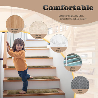 Non Slip Stair Treads for Wooden Steps, 15 Pack 8"x30" Washable Carpet | 8x30 in soft chenille polyester stair treads with reusable TPE backing for indoor wood stairs, dogs, kids, and seniors
