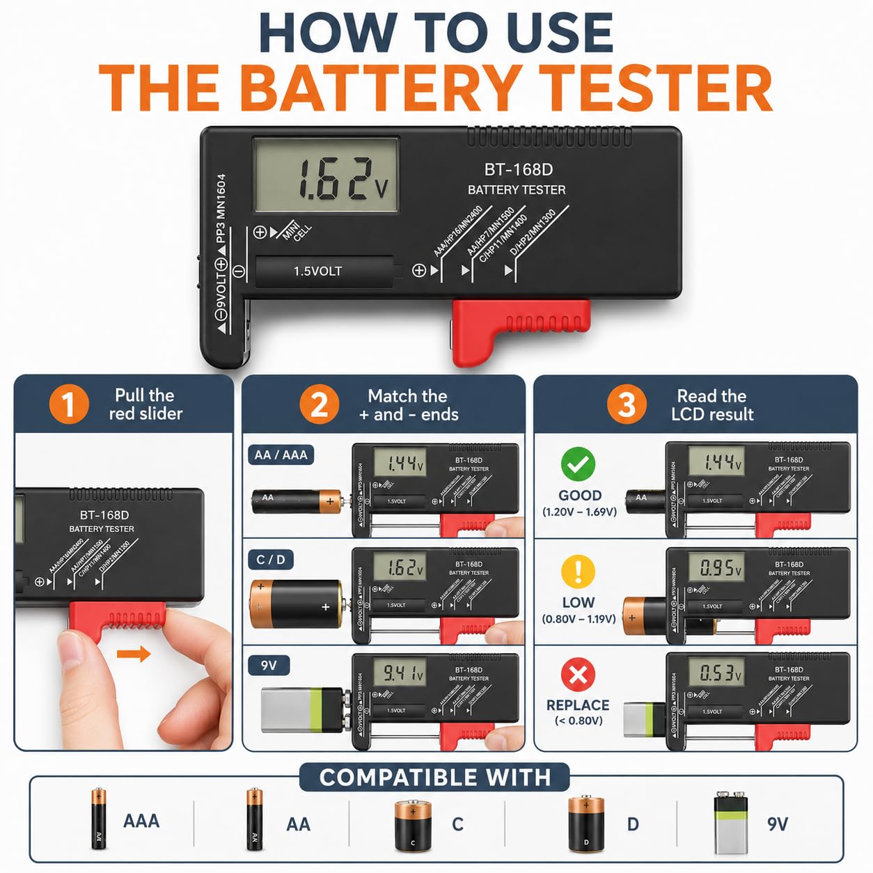Battery Organizer Storage Case with Tester | Stores & Protects Up to 136 Batteries, Holds AAA AA C D 9V Button Cell with Clear Locking Lid for Home & Garage
