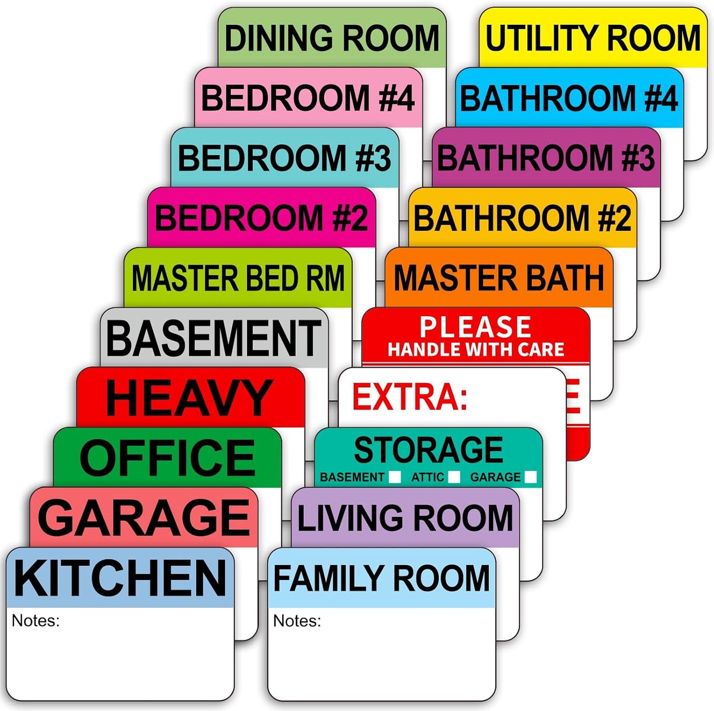 Kingtac 600 Writable Home Moving Stichers - 2' x 3', 20 Color-Coded Home Moving Packing Labels with Fragile, Extra, Heavy Options.Stick to Cardboard Boxes and Plastic Bins, No Extra Tape Needed