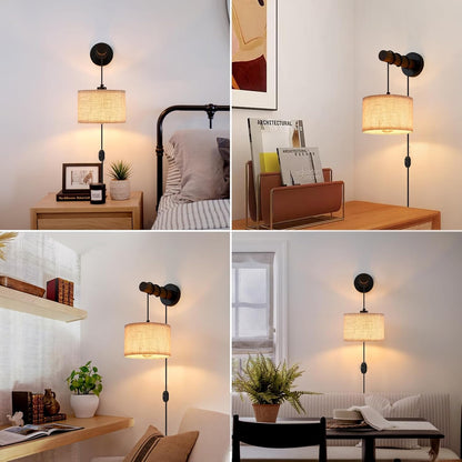 XSDeTu Rechargeable Battery Operated Wall Sconces Set of 2, Modern Battery Powered Wall Light with Wooden Arm & Remote Control, Adjustable 3 Colors Dimmable Wall Lamps for Bedroom, Living Room