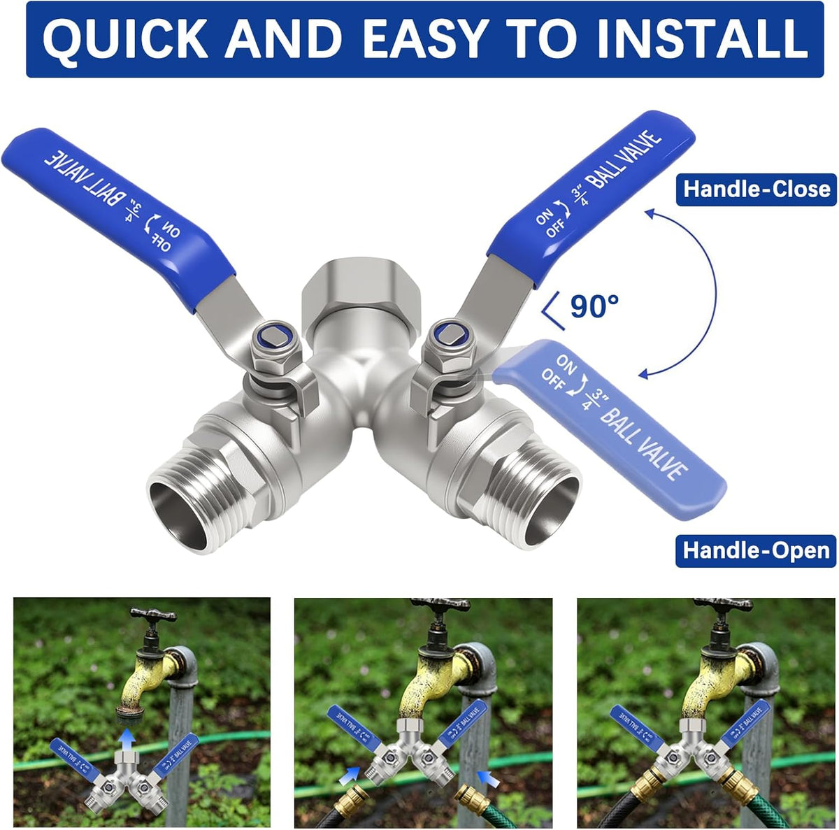 Hose Splitter 2 Way Heavy Duty, Full Flow Garden Hose Splitter with Large Easy-Turn Handle, 3/4 Inch GHT Brass Water Hose Splitter for Outdoor Faucet, Y Valve Hose Bib Splitter