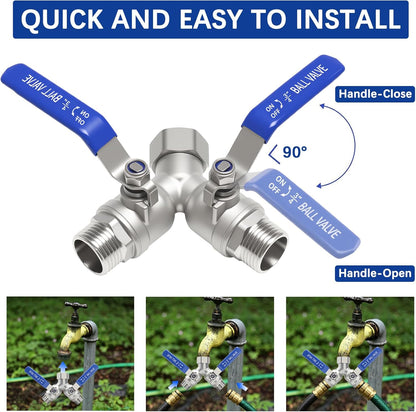 Hose Splitter 2 Way Heavy Duty, Full Flow Garden Hose Splitter with Large Easy-Turn Handle, 3/4 Inch GHT Brass Water Hose Splitter for Outdoor Faucet, Y Valve Hose Bib Splitter