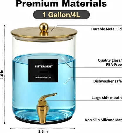 Glass Laundry Detergent Dispenser,1 Gallon Large Liquid Soap 2 Pack(Gold) | Complete borosilicate jars set with leakproof spigots, protective silicone mats, minimalist labels, and dosing cups