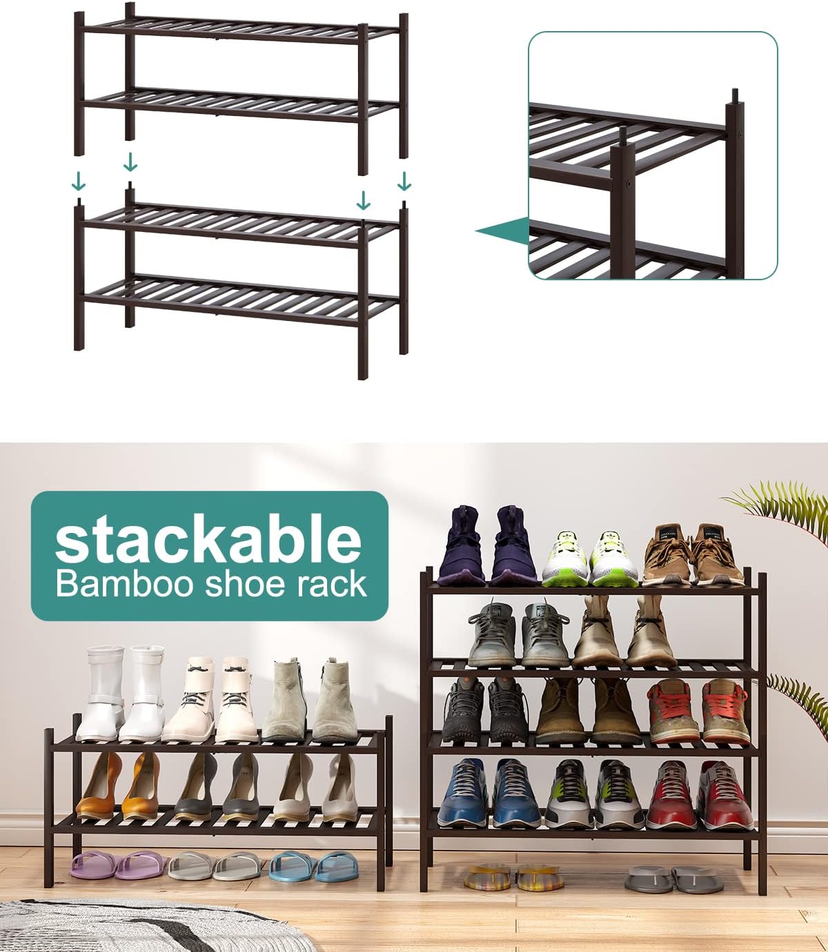 viewcare 3-Tier Black Bamboo Shoe Rack for Entryway, Stackable | Foldable | Natural, Shoe Shelf Storage Organizer for Hallway Closet, Free Standing Shoe Racks for Indoor Outdoor