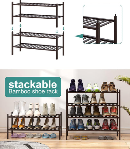 viewcare 3-Tier Black Bamboo Shoe Rack for Entryway, Stackable | Foldable | Natural, Shoe Shelf Storage Organizer for Hallway Closet, Free Standing Shoe Racks for Indoor Outdoor