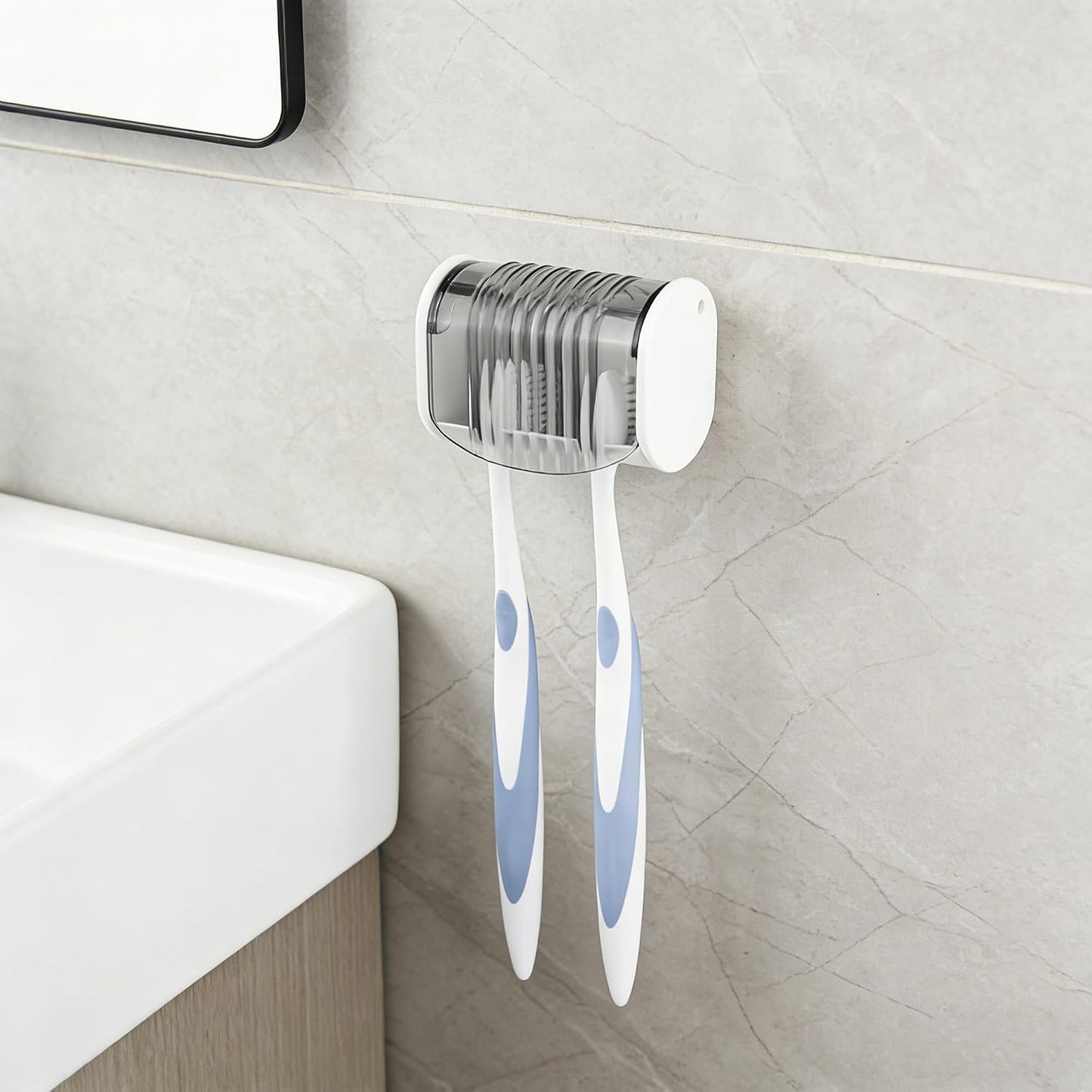 1 Pack Toothbrush Holder Wall Mounted with Cover for Bathroom, 2 Slots Toothbrush Storage Organizer for Shower, Self Adhesive Toothbrush Hanger (Grey)