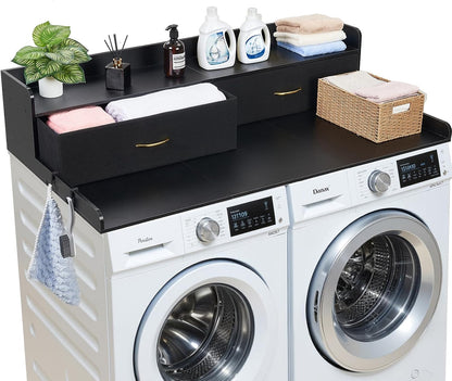 VEVOR Washer Dryer Countertop with 2-Tier Shelf, 54" x 27" Wooden Washer and Dryer Countertop with Anti-Slip Pads, Water-Resistant Laundry Topper Cover for Laundry Room Organization and Storage, Black