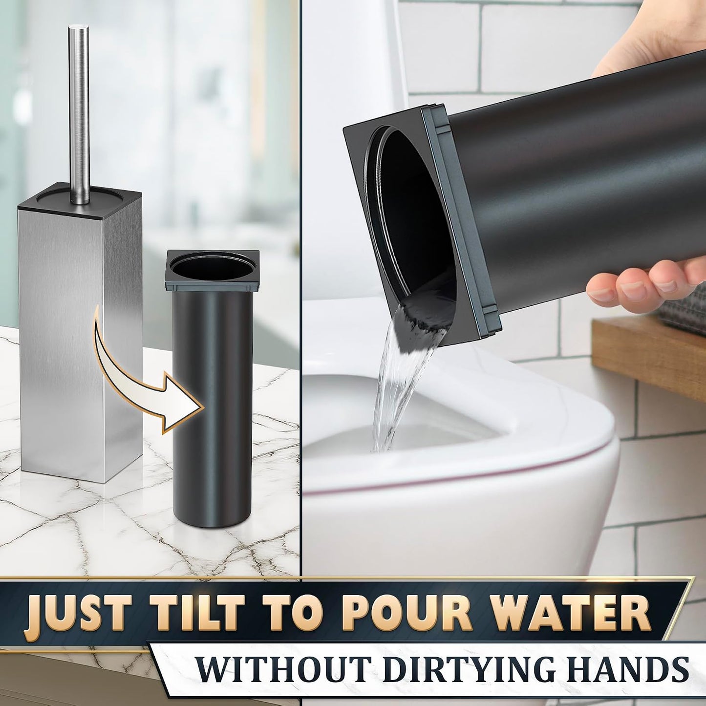 Black Toilet Brush and Holder Set - Slim Matte Design that Fits Anywhere - Stainless Steel Toilet Bowl Brush and Holder with 2 Rounded Corners, Replaceable Head, Removable Inner Bowl & Splash Guard