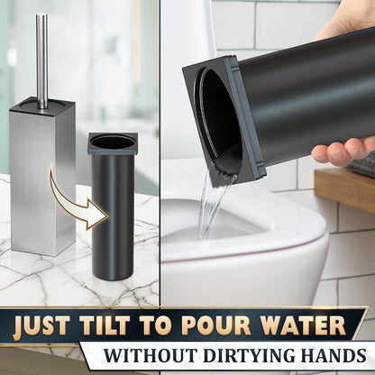 Black Toilet Brush and Holder Set - Slim Matte Design that Fits Anywhere - Stainless Steel Toilet Bowl Brush and Holder with 2 Rounded Corners, Replaceable Head, Removable Inner Bowl & Splash Guard
