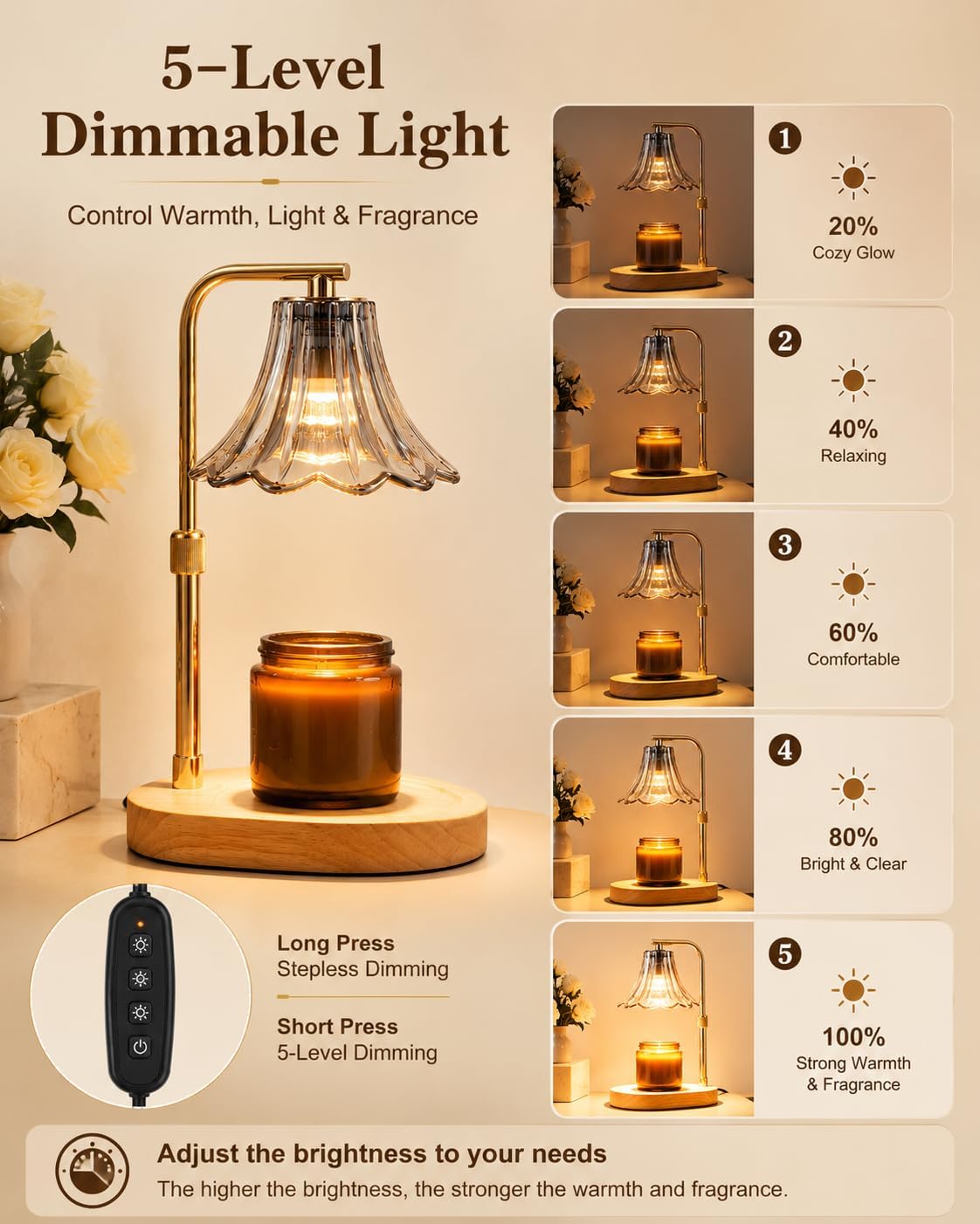 Candle Warmer Lamp with Timer, Dimmer, Vintage Glass Shade | Adjustable height, 2/4/8-hour timer, wood base, 2 bulbs included