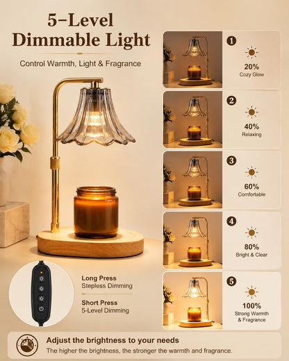 Candle Warmer Lamp with Timer, Dimmer, Vintage Glass Shade | Adjustable height, 2/4/8-hour timer, wood base, 2 bulbs included